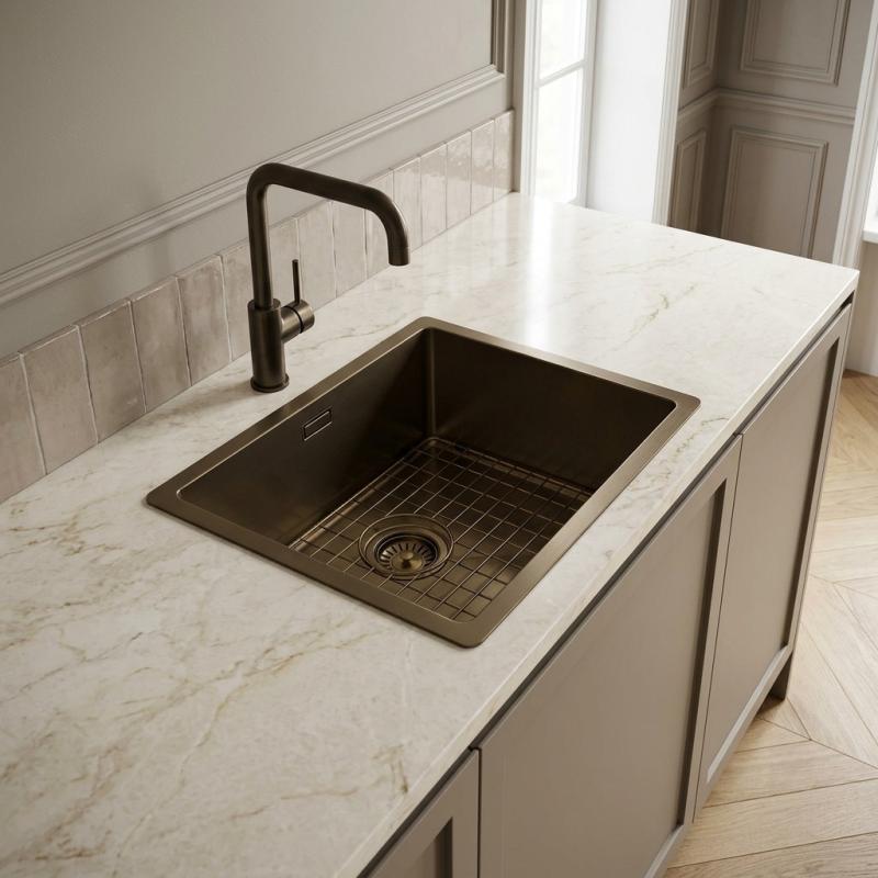 Pure.Sink Luxion PVD Antiek Bronzen spoelbak 36x40 cm onderbouw, vlakinbouw en opbouw  met bodemrek PLX3640-64